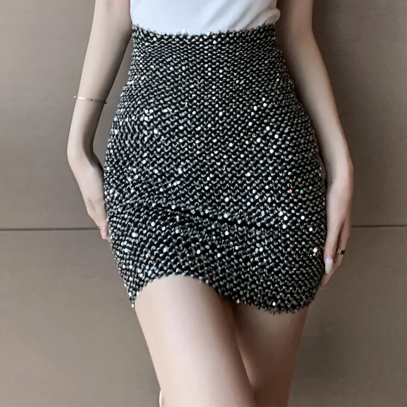 

2022 New High Waist Fashion Sequins Stretch Slim Skirt Women Dance Skirt Party Clubwear Nightclub A-line Skirts Mujer