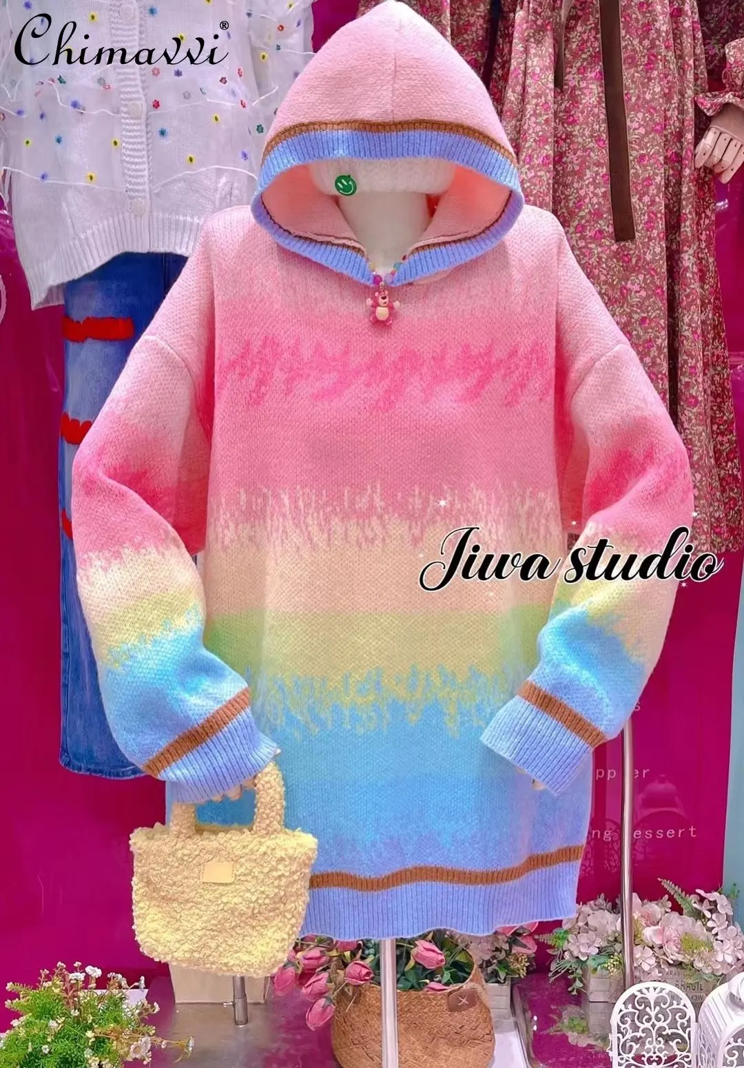 

Женский вязаный пуловер с капюшоном, милый легкий вязаный пуловер в радужную полоску с капюшоном, весна 2023