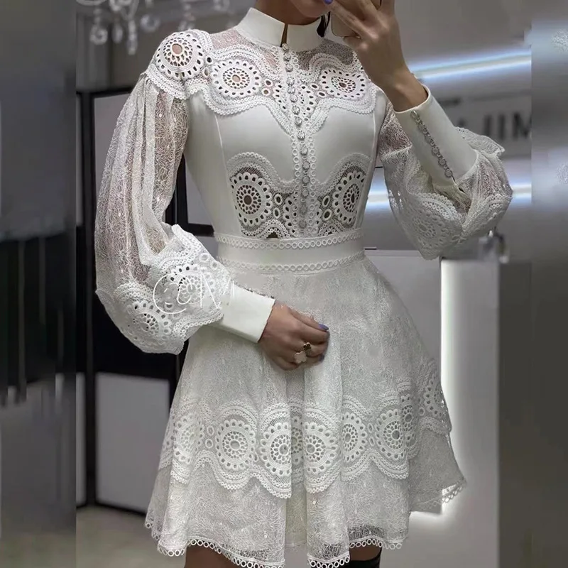 

Australian Fashion Palace Style Heavy Industry A-line Dress 2022 New Stand Collar Bubble Sleeve Lace Hollow Waist Dress