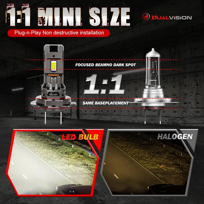 Dualvision 2Pcs 300W Turbo H7 LED CANBUS Light Мини-налобный фонарь Размер 1:1 беспроводной