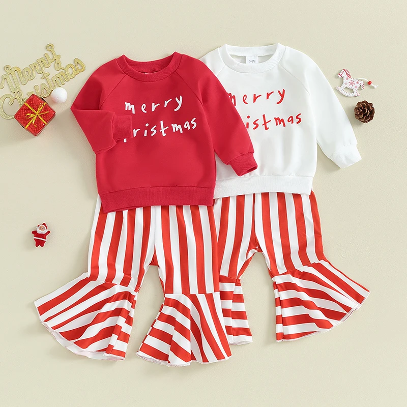 

Newborn Baby Girl Christmas Clothing Sets Letter Print O-neck Long Sleeve Sweatshirts+Striped Flare Pants Holiday Casual Outfits