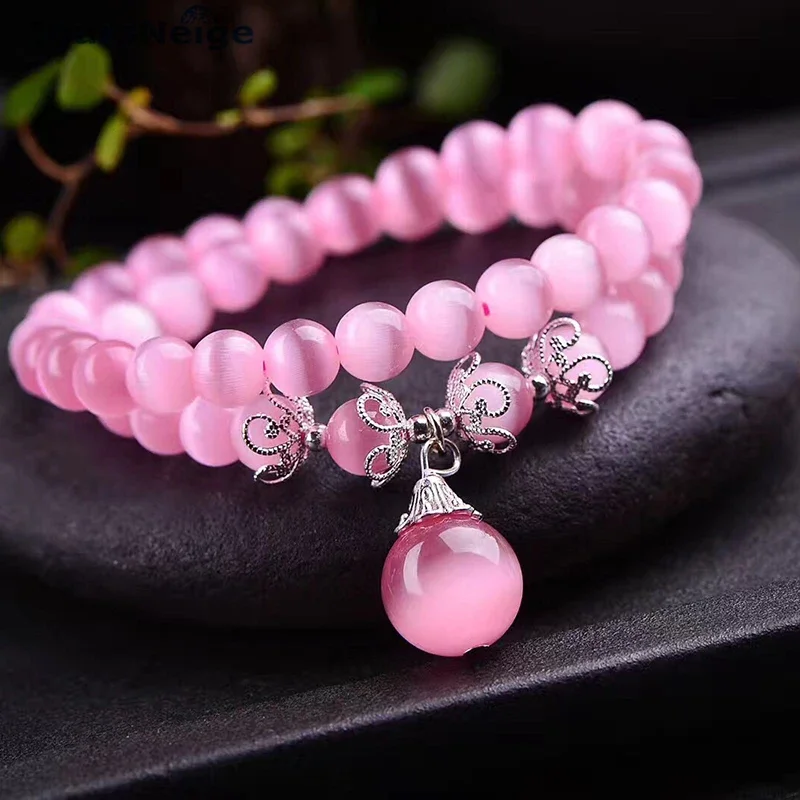 

JoursNeige Pink Natural Cat Eye Stone Bracelets Ball Pendant Tibetan silver For Women Girl Bracelet Original Design Jewelry