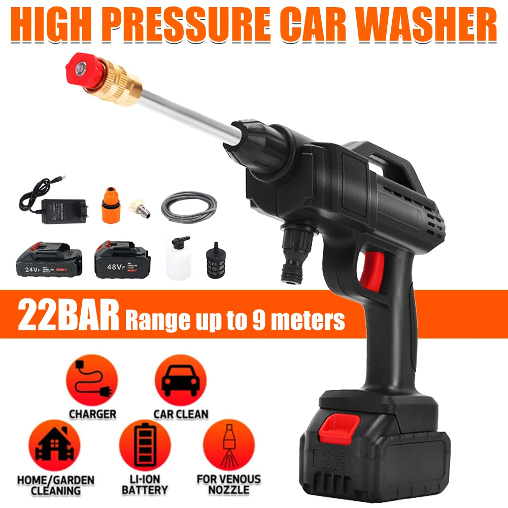 600W Cordless Pressure Washer Garden Water Guns 22BAR Portable Car Cleaner 24/48V Battery Operated High Pressure Washer Cleaning
