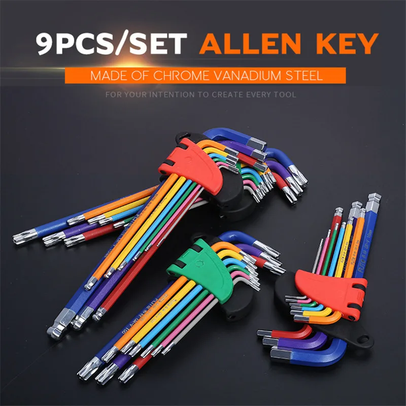9 adet 1.5mm-10mm renk kodlu Ball-End Hex Allen anahtarı L anahtarı seti tork uzun metrik kol ile el aletleri bisiklet aksesuarları