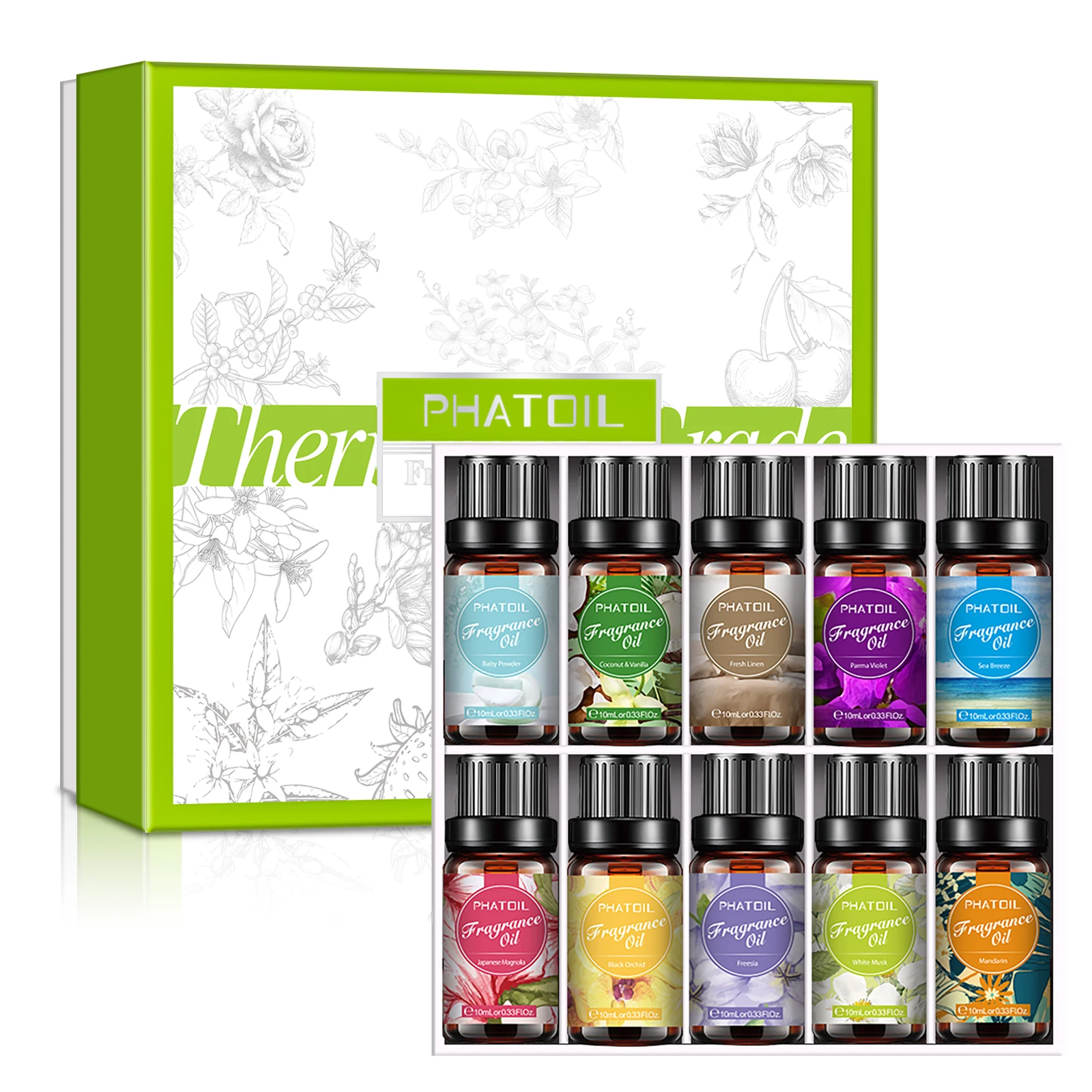Фото Набор ароматических масел PHATOIL, 10 шт., 10 мл, белая мускусная, кокосовая ваниль, свежее белье, морской бриз, фиолетовая ручка, полуночная орхидея, детская пудра №1