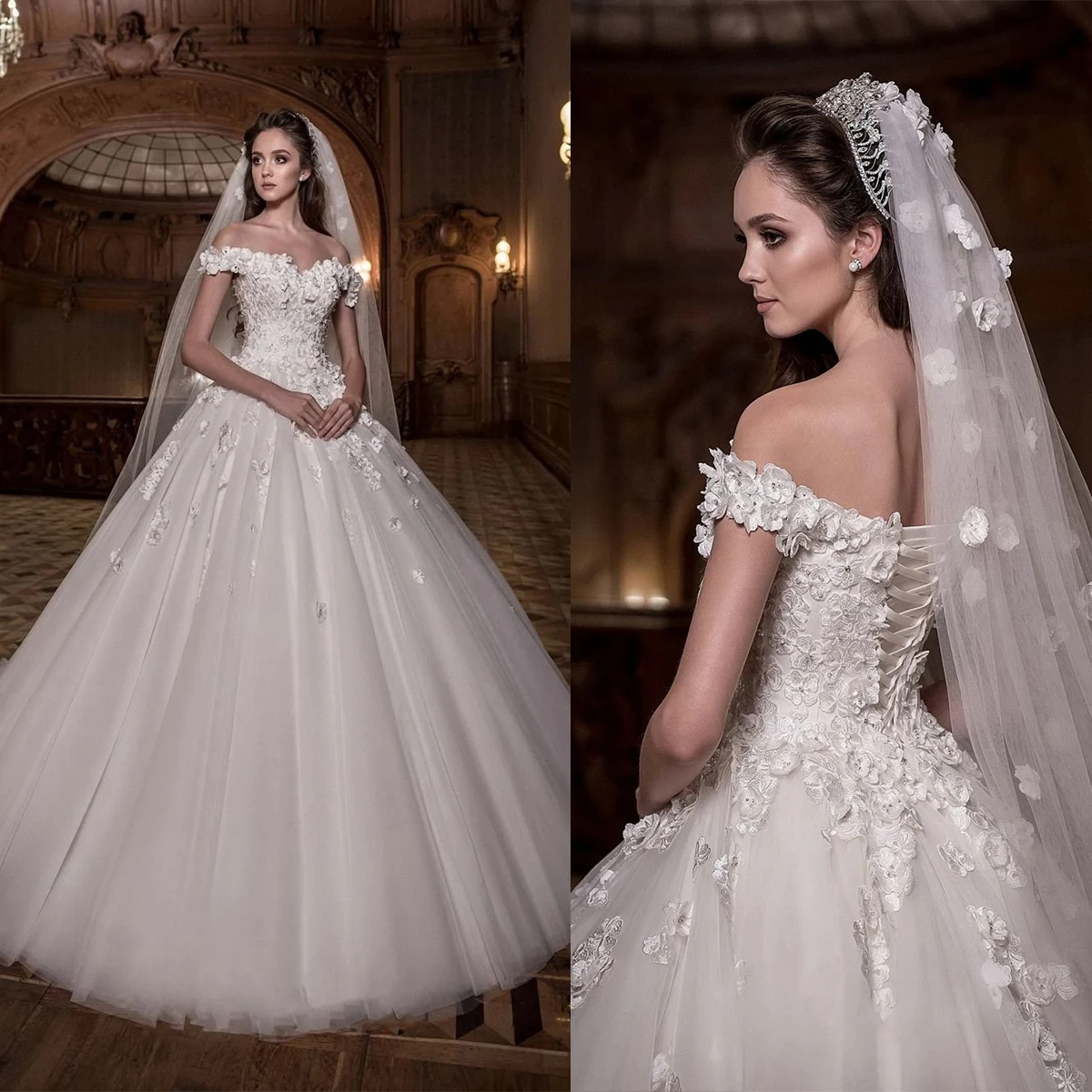 

Elegant 3D-Flower A-Line Wedding Dresses Off The Shoulder Prom Gown Crystal Beading Sweep Train Vestidos De Novia Customized