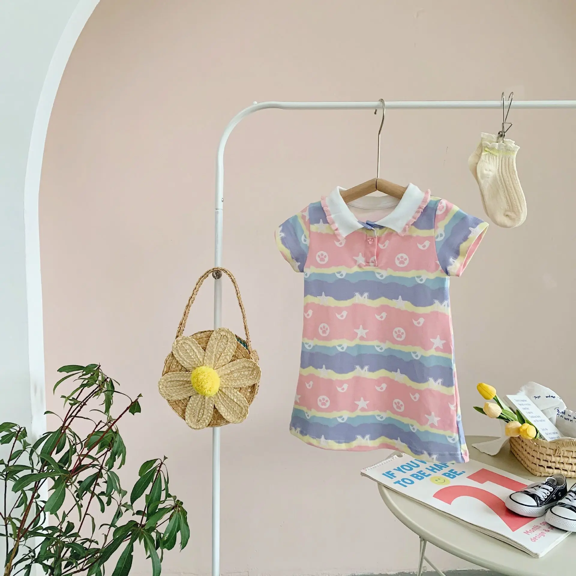 

Kids Dress Girls rainbow colour star cute pattern baby turn-down collar dresses summer baby dresses 100-150