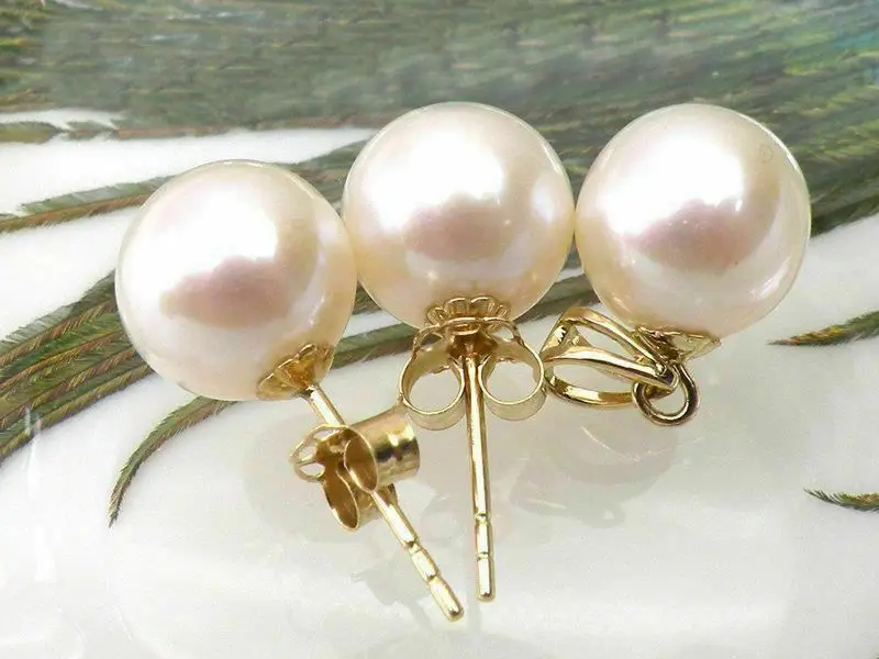 

PERFECT ROUND 10-11mm AAA+ WHITE AKOYA PEARL EARRING PENDANT SET 14kp SOLID GOLD