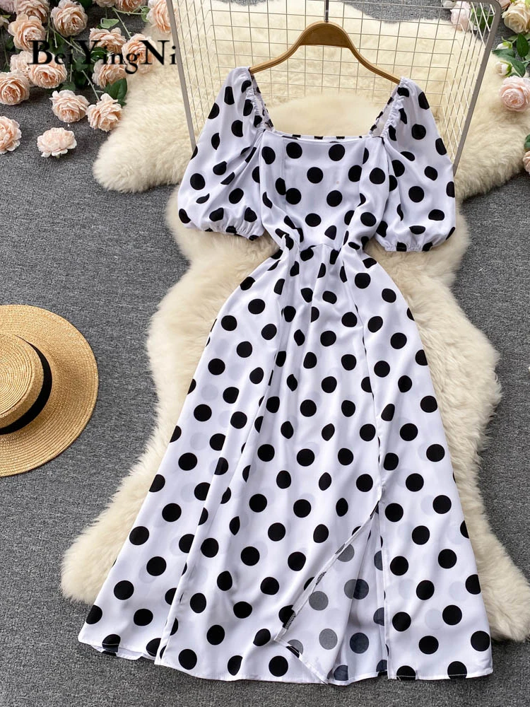 

Женское платье-миди в горошек, с коротким рукавом-фонариком