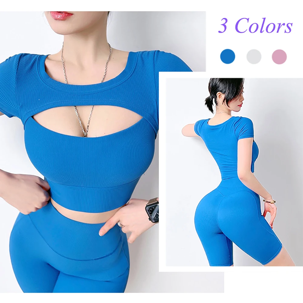 

Женская одежда для йоги с короткими рукавами и нагрудными подушечками, быстросохнущие антиусадочные рубашки для фитнеса, Новинка лета 2023, облегающий спортивный топ для дома