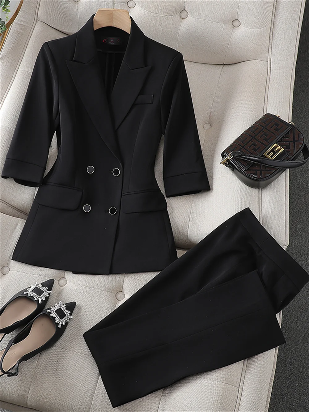 2023 New Summer Women Pant Sets Pink Female Half Sleeve Blazer and Pant Suit Office Ladies Business Work Wear Formal 2 Piece Set