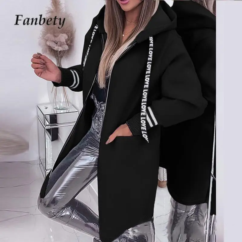 

Casual Lady Long Sleeve Zip Loose Cardigan Autumn Solid Color Hooded Sweatshirt 2023 Women Letter Drawstring Pocket Midi Outwear
