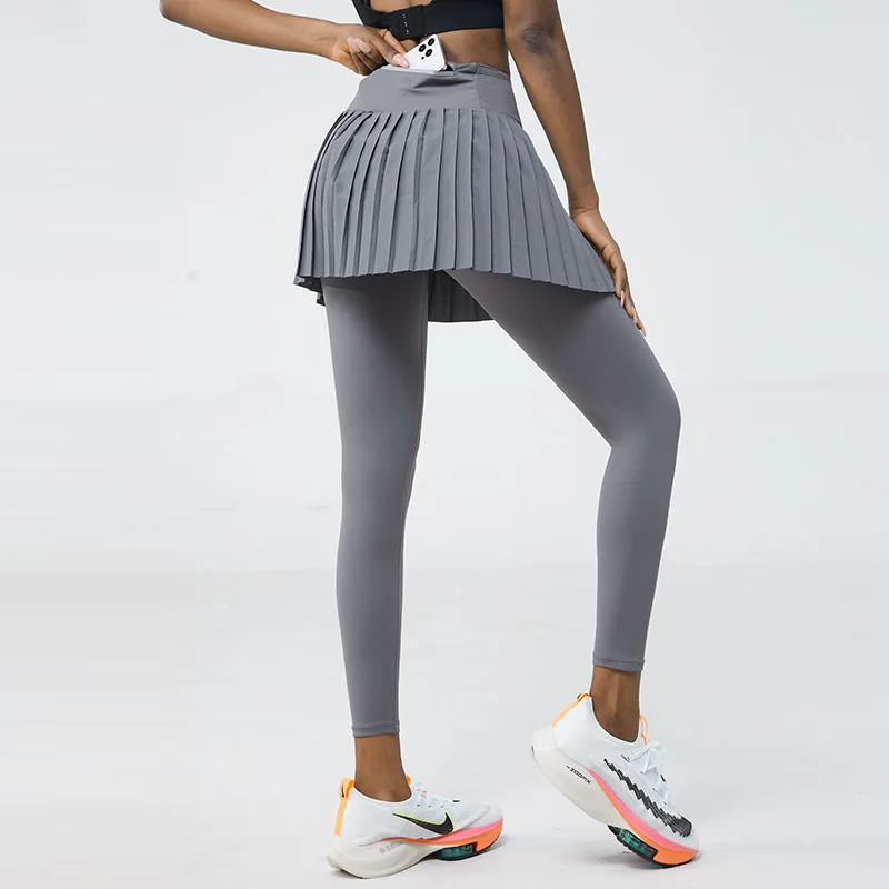 High Waist Double Layer Pleated Skirt Legging Nylon Elasticity Gymwear Fitness Run Yoga Skort Sports Golf Tennis Skirts + Pants
