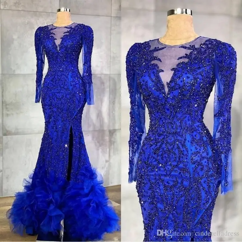 

2020 Luxury Royal Blue Evening Dresses Beaded Crystals Sheer Neck Mermaid Arabic Aso Ebi Party Gowns Formal Robe De Soiree