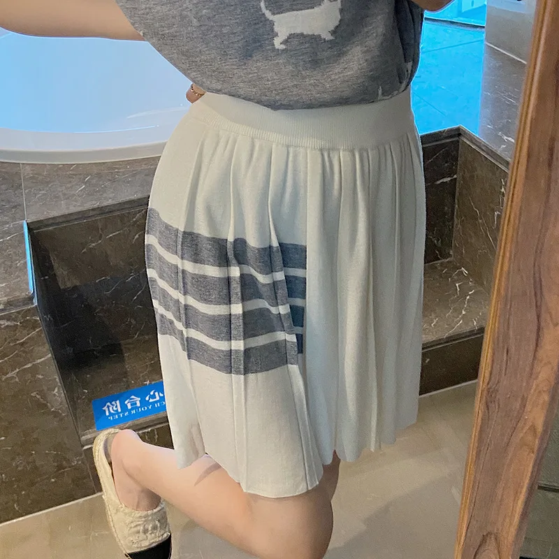 

High Quality TB Skirt Womens Summer Knitted High Waist Slim Pleated Skirt with Short Front and Long A-shaped Skirt Tide.