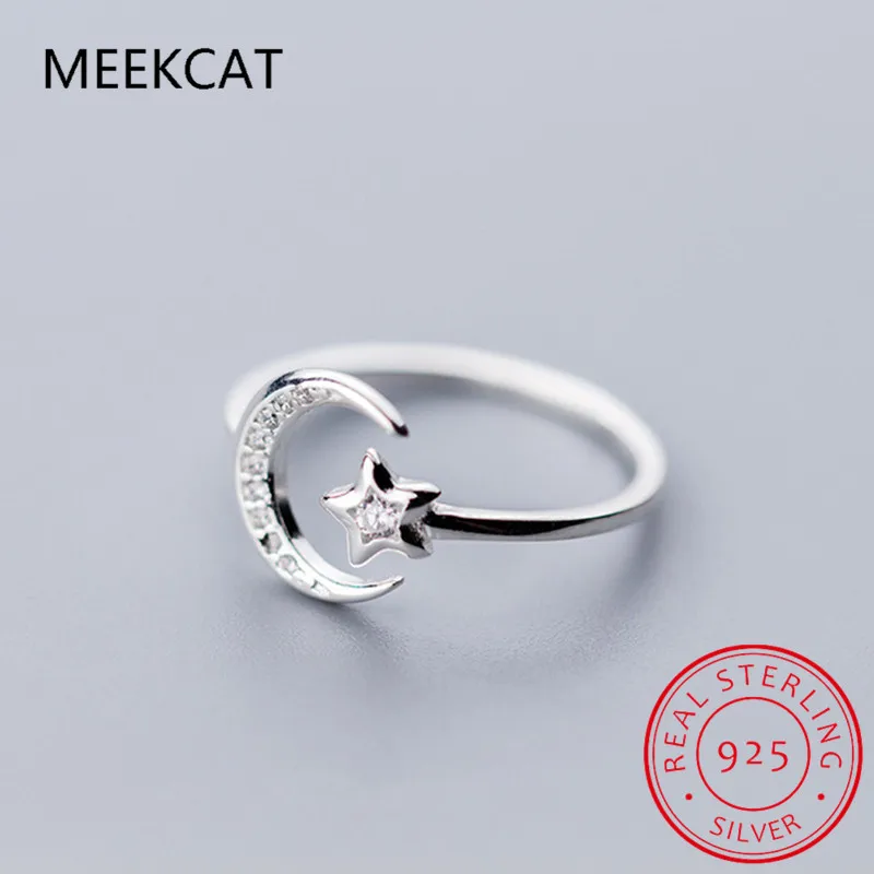 Женское коктейльное кольцо со звездой и луной из серебра 100% пробы