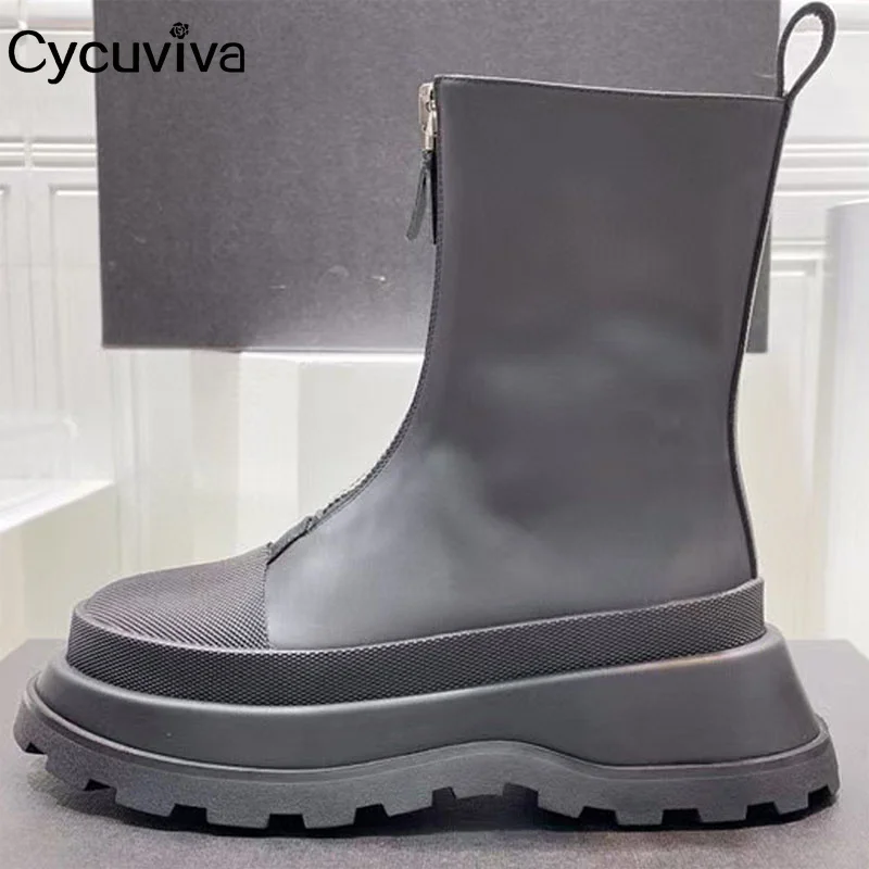 

Thick Sole Platform Chelsea Boots For Women Black Genuine Leather Mid-calf Boots Winter Casual Shoes Front Zip zapatos mujer