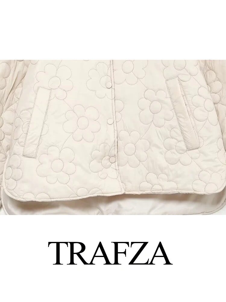 TRAFZA Women's Winter Fashion Padded Floral Printed Cotton Coat Female Elegant Versatile Warm Hidden Button Long Sleeve Jacket