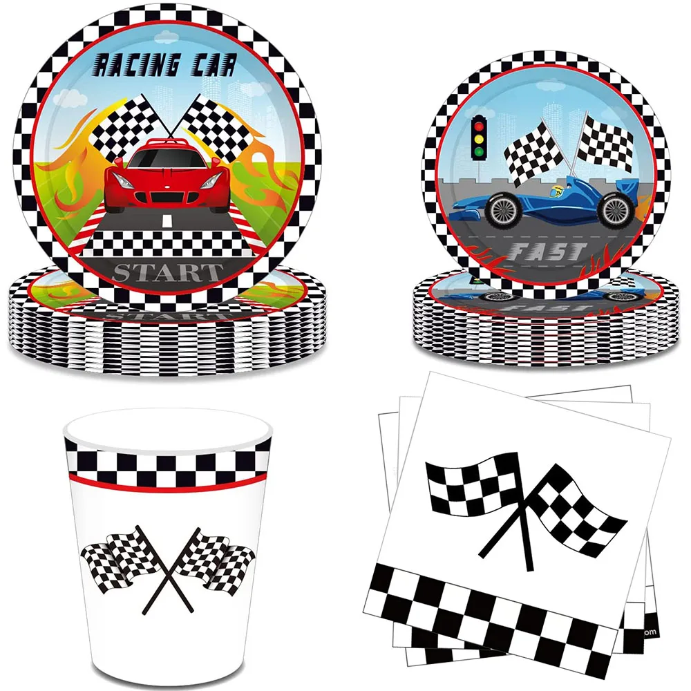 

Racing Car Party Supplies for Boys Checked Race Car Plates Napkins Disposable Paper Plates Tableware Cups Birthday Party Decors