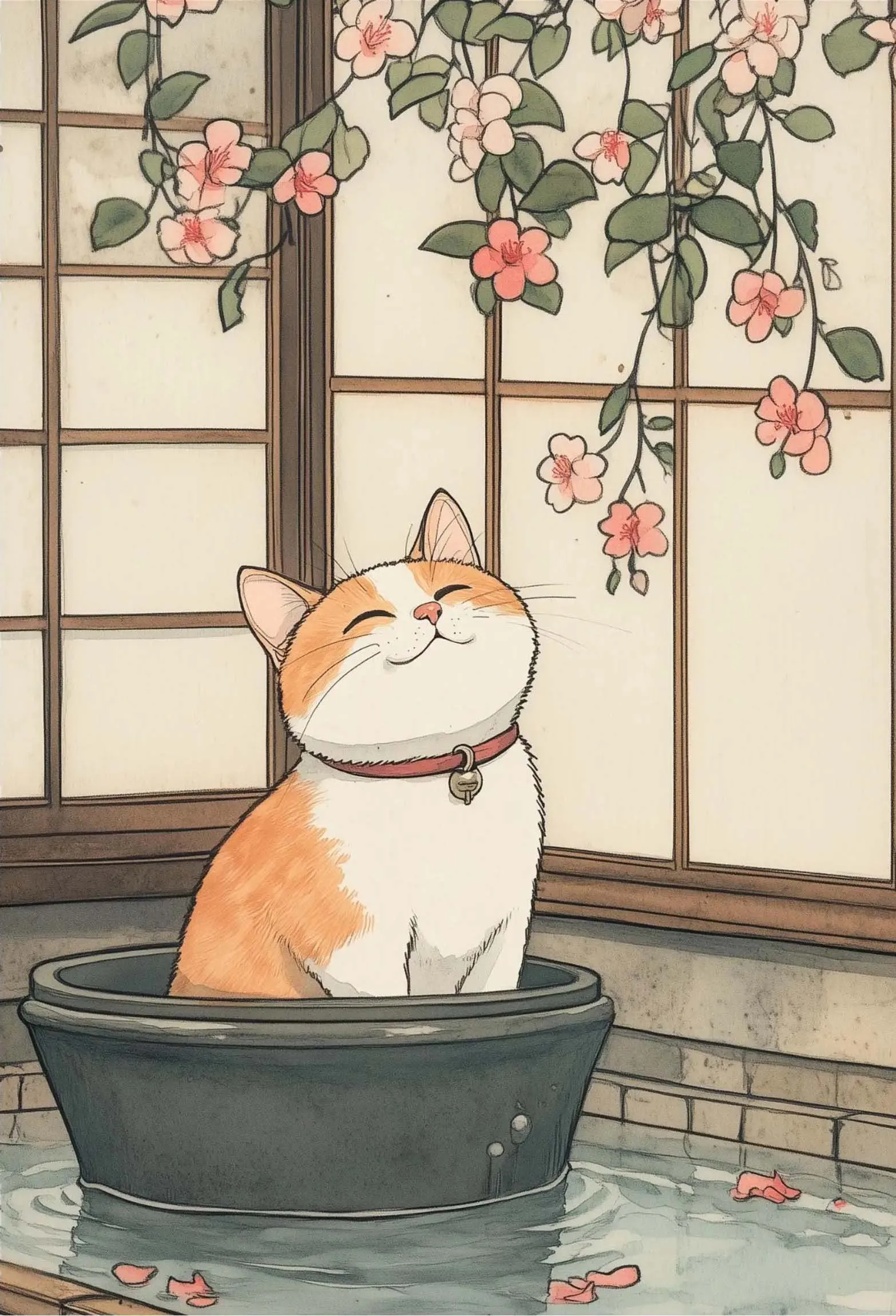 

Художественный постер "Японская ванна, ленивый кот", печать на холсте