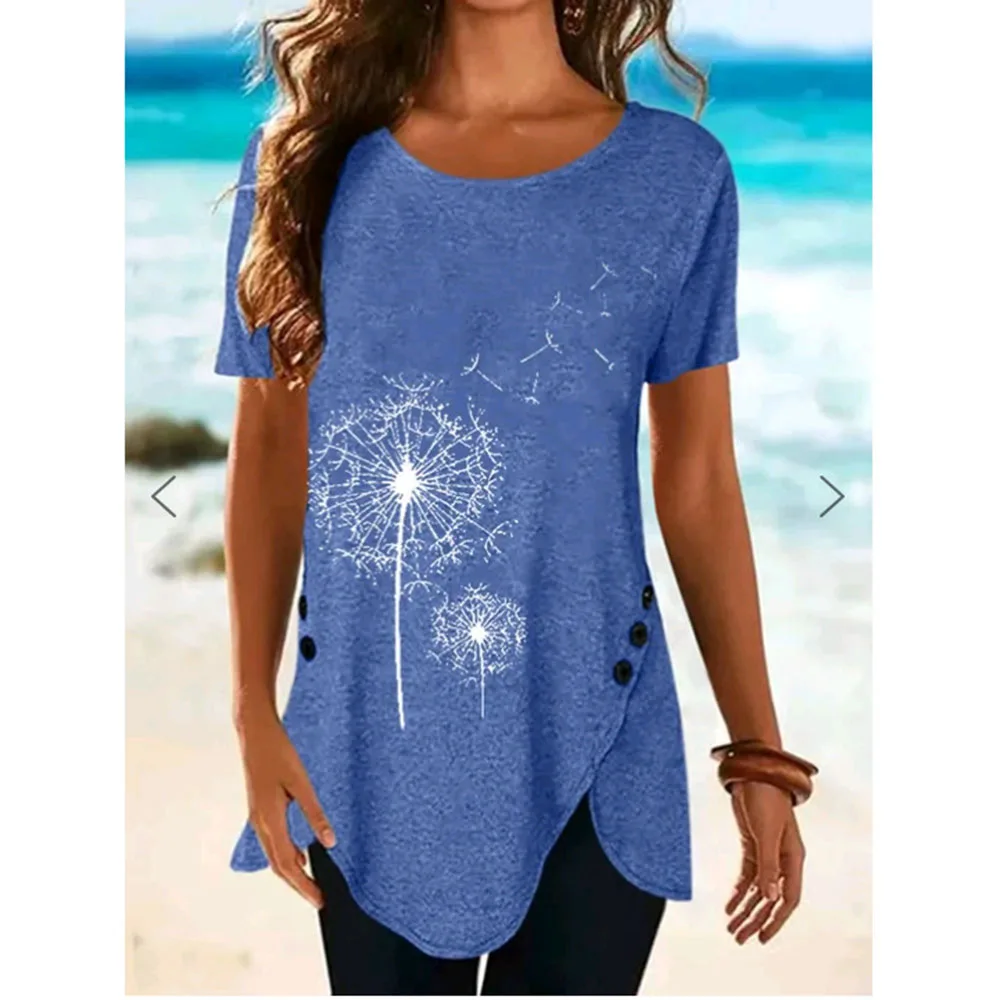 

Футболка женская Асимметричная с принтом одуванчика, коротким рукавом и пуговицами, Свободный Топ с круглым вырезом, Новинка лета 2022