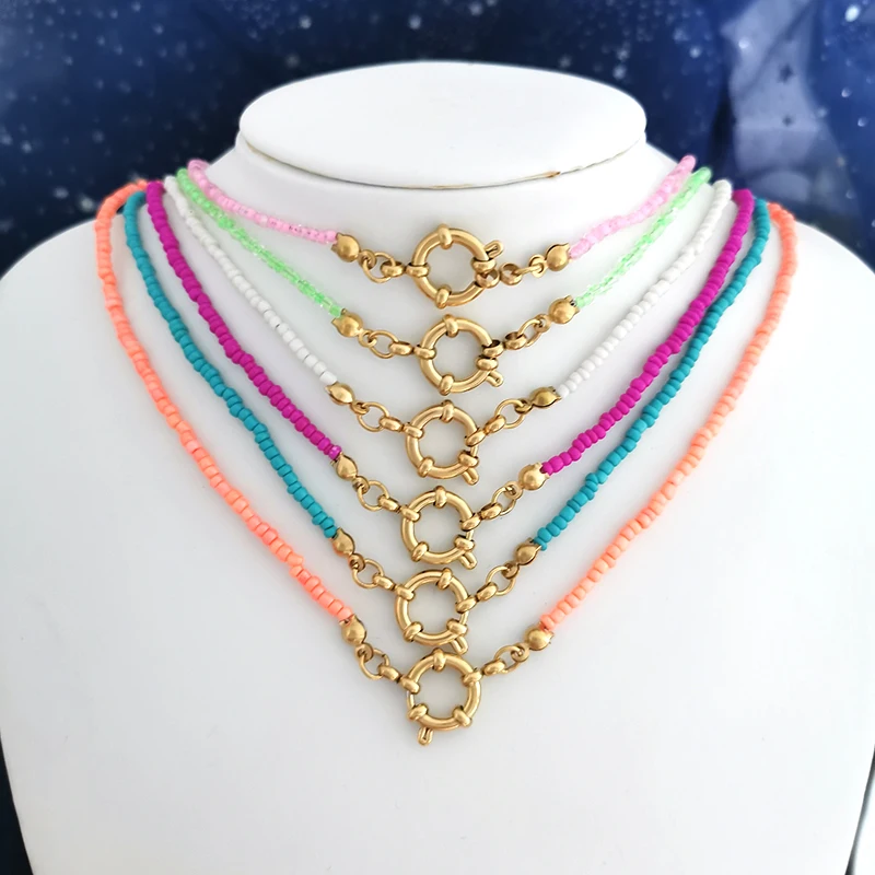 

Rainbow stainless steel buckle sailor buckle bottom chain Golden Bohemian imitation pearl necklace Women's choke ring seed bead