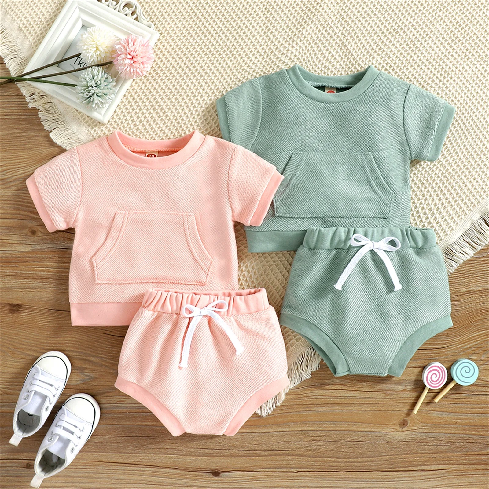 

Newbron Infant Baby Girl Spring Fall Outfits Knitting Solid Color Short Sleeve Pullover Tops Shorts Pants Clothes