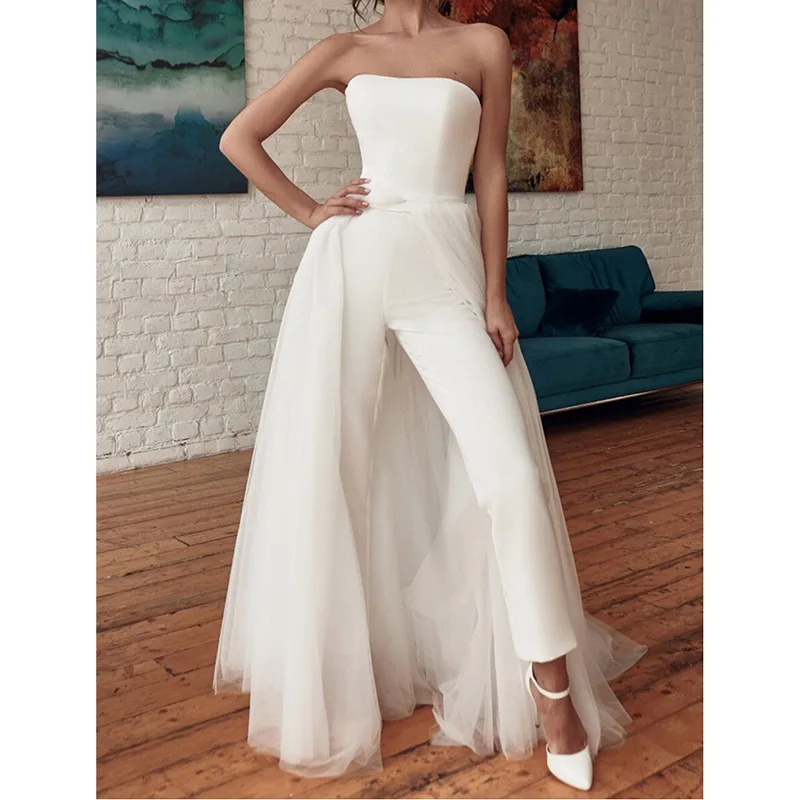 2022 Tulle Strapless Beach Jumpsuit Wedding Dress With Detachable Solid Party Clothing A-Line Backless Simple Bridal Gown Pants