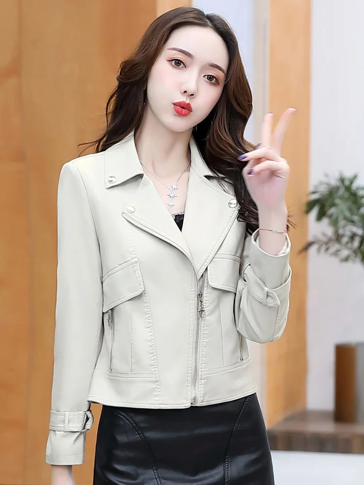 New Bright Beautiful Leather Jacket Spring Autumn Fashion Turn-down Collar Slim Short Leather Coat Classic Chic Outerwear