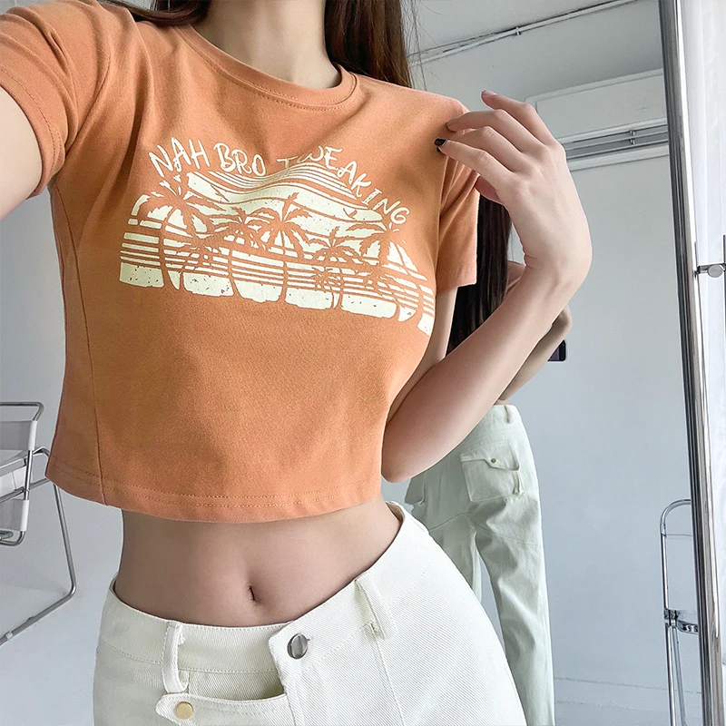 

Women Coconut Tree Front Crop Tee Short Sleeved T-shirt