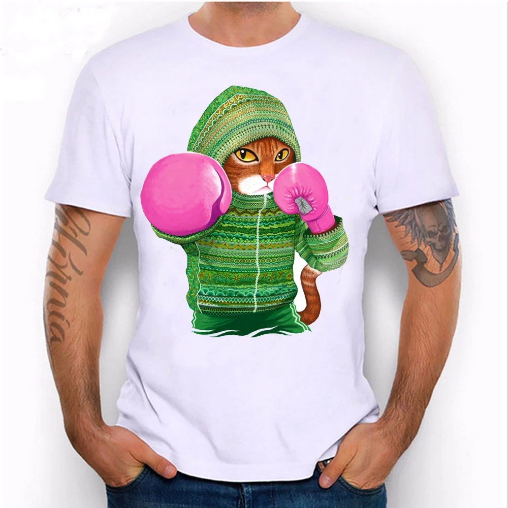 Купи Unique Super Funny Cat And Sloth The Cahmpion Boxer T-shirt Men's Short Sleeve Harajuku Design Tops Summer Hipster Cool Tees за 278 рублей в магазине AliExpress