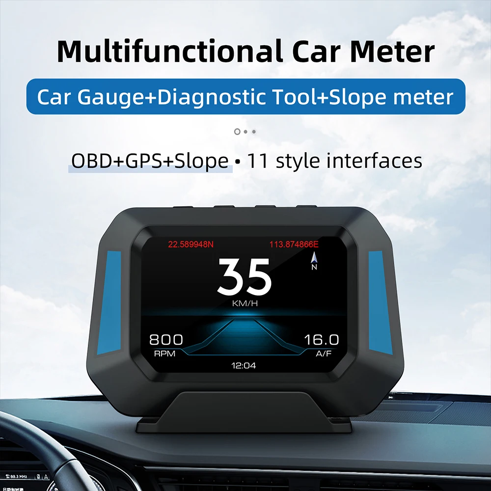 

P21 Car HUD OBD2 GPS Head Up Display 4x4 Slope Meter Tiltmeter Gradient GPS Real-Time Off-Road Vehicle System Speedometer