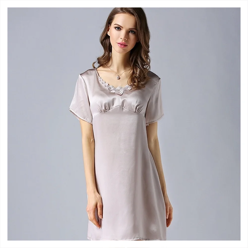 Women's 2023 Spring/Autumn Silk Pajamas 100%Natural Mulberry Silk Short Sleeved Nightdress Noble Silk Home Clothes Pajamas