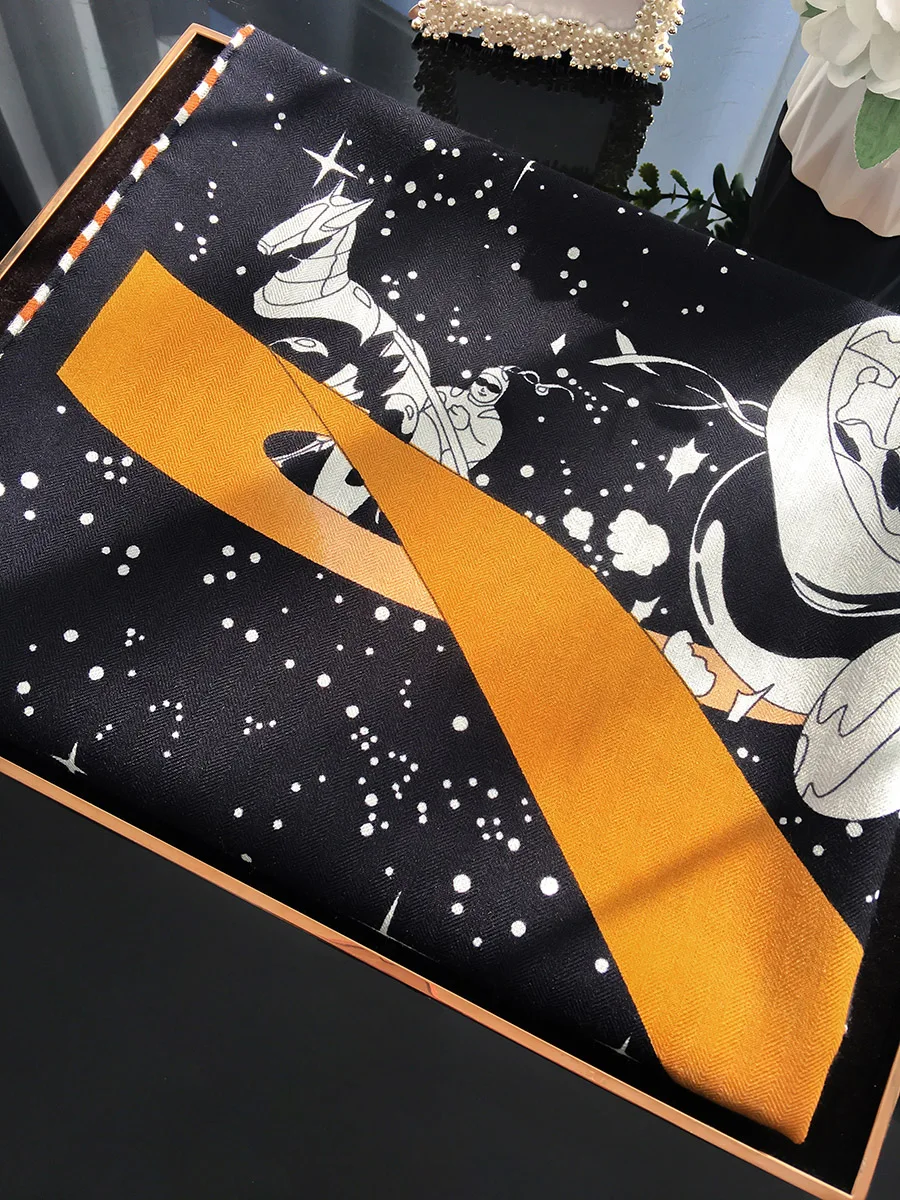 

Black Silk Wool Scarf Giant Shawls and Wraps Luxury Brand Hand Rollerd Edges Hijab Stole Ponch Winter Accessories