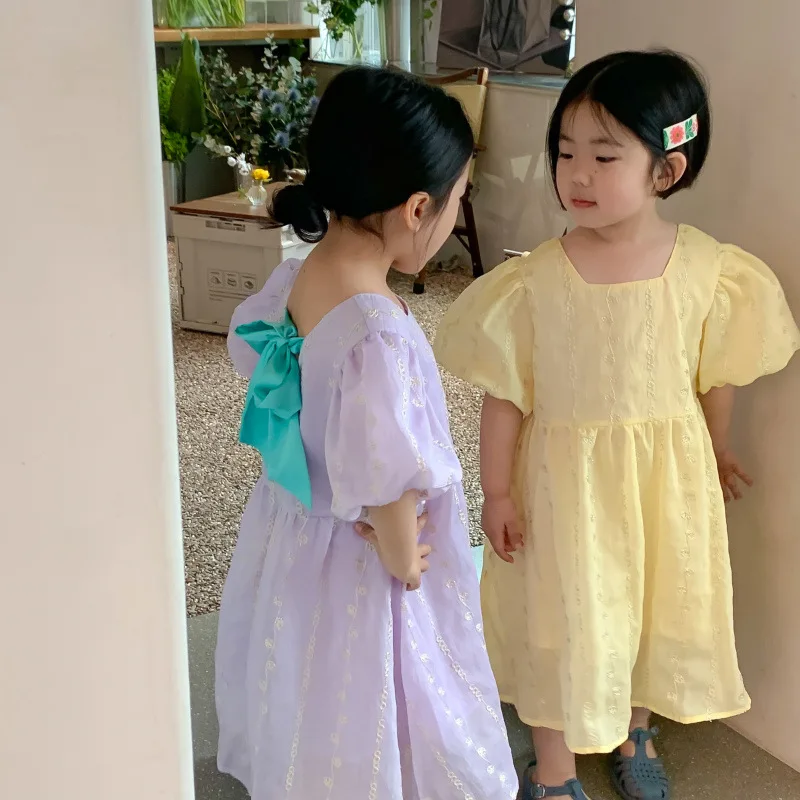 

MILANCEL 2022 Summer Girls Dress Children's Lace Puff Sleeve Square Neck Princess Dress Kids Clothes