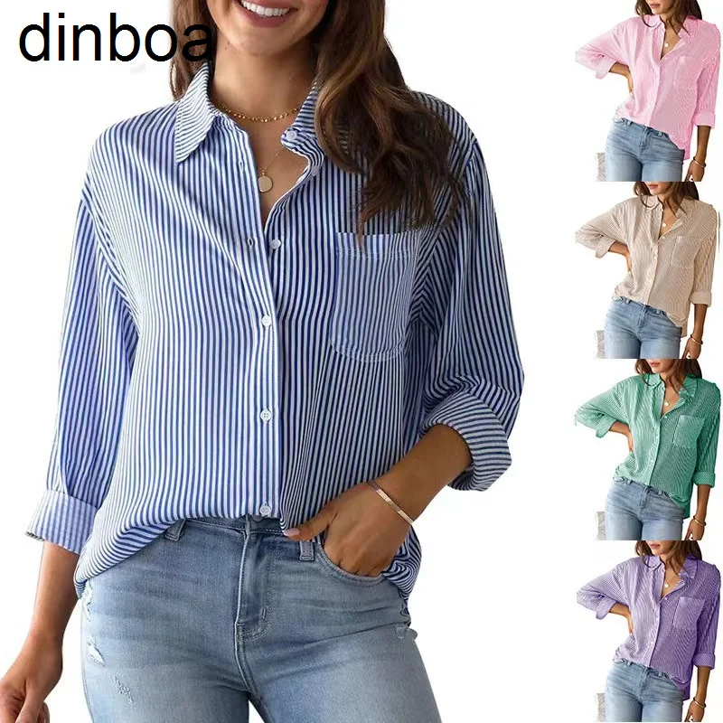 

Dinboa-Женский 2023 новый полосатый кардиган, топ, Свободная Повседневная рубашка с длинным рукавом для женщин