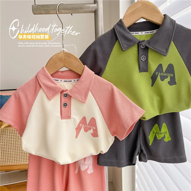 

Children's Clothing Sets Summer Clothes Boys Girls Blocking Letter Polo Shirt +letter Shorts Sports Loose Set baby outfit set