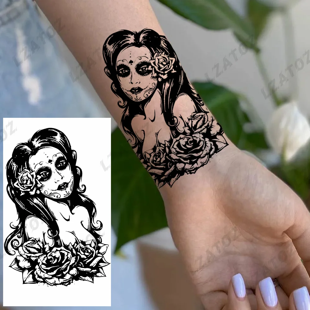 

Black Witch Flower Temporary Tattoos For Woman Adults Realistic Rose Elephant Fake Tattoo Sticker Washable Hand Wash Sexy Tatoos