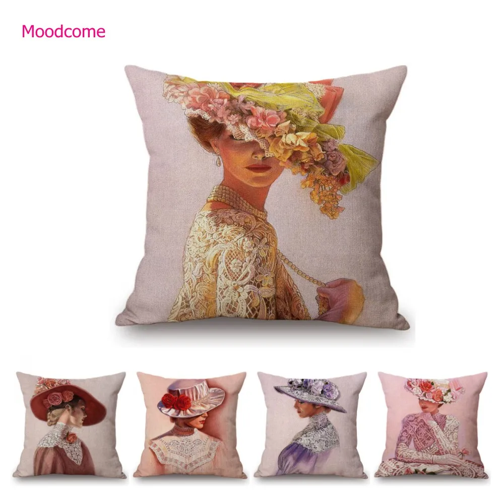 Elegant Lady With Hat Europe Victorian Era Classic Beautiful Woman Oil Painting  Linen Sofa Throw Pillow Case Car Cushion Cover