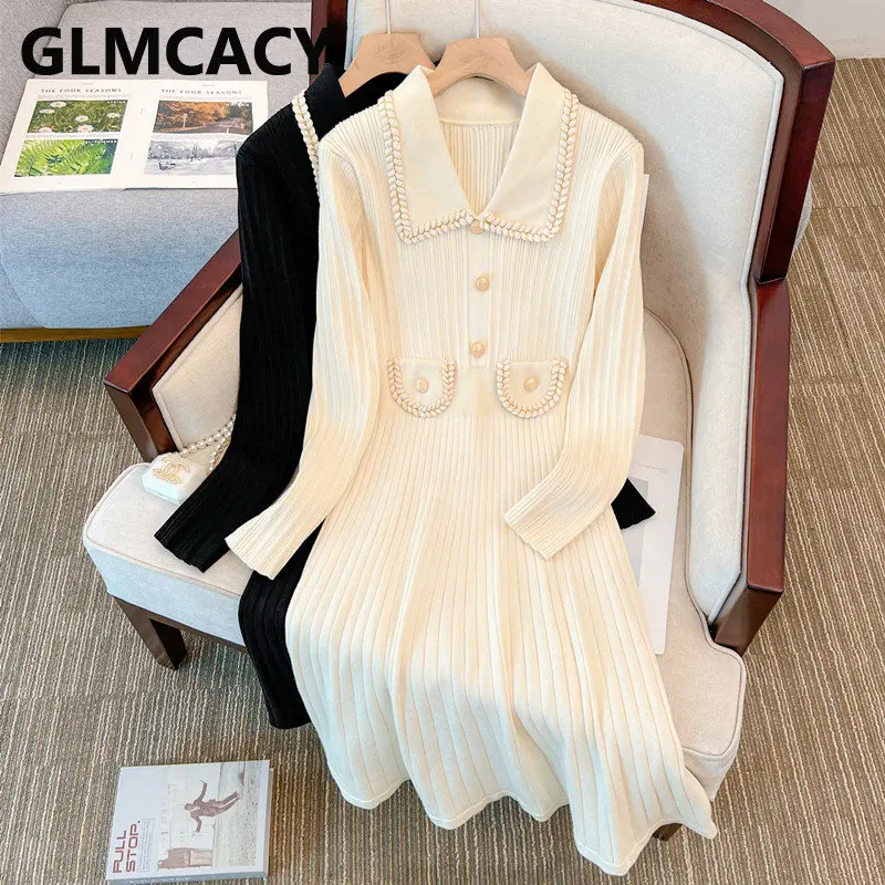 

Women Long Sleeve Button Elegant Knitted Autumn Winter Sweater Dress