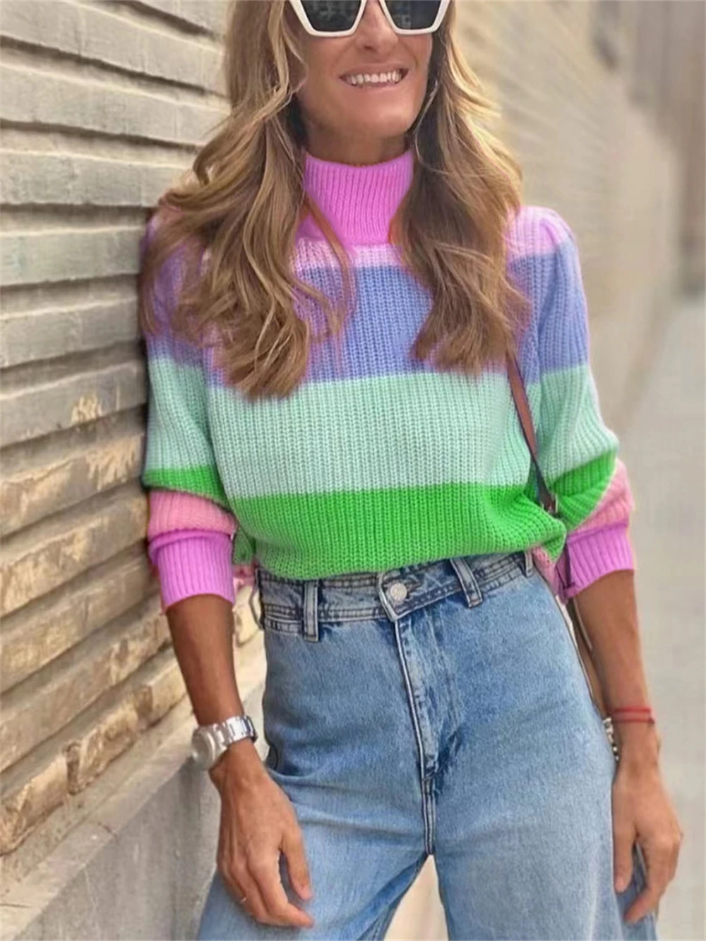 

Модный теплый свитер Charmingtrend с высоким воротником, зимний Повседневный Топ, свитеры с длинным рукавом, Осенний милый пуловер в цветную полос...