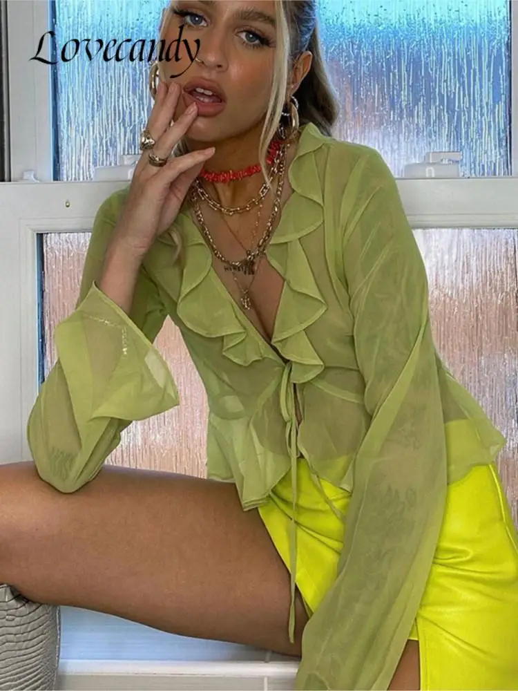 

Ruffles Sexy Deep V-Neck Shirts Women Long Sleeve Lace Up Mesh Sheer Cropped Tops Blouse Female Fashion Spring Summer Streetwear