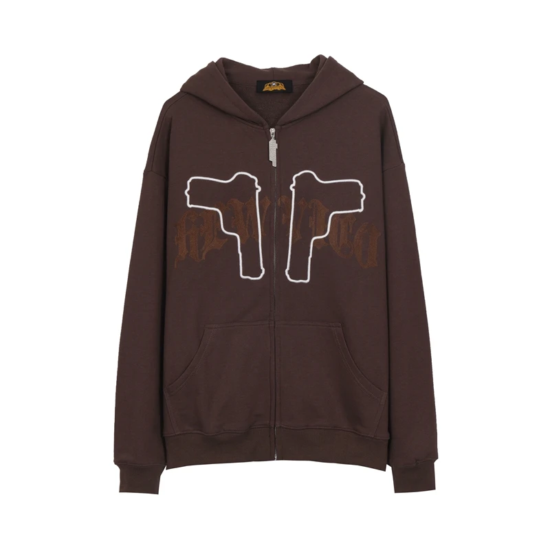 

Double Gun Embroidery Front Pockets Hooded Jackets for Men Retro High Street Oversized Pullover Sweatshirts Unisex Loose Hoodie