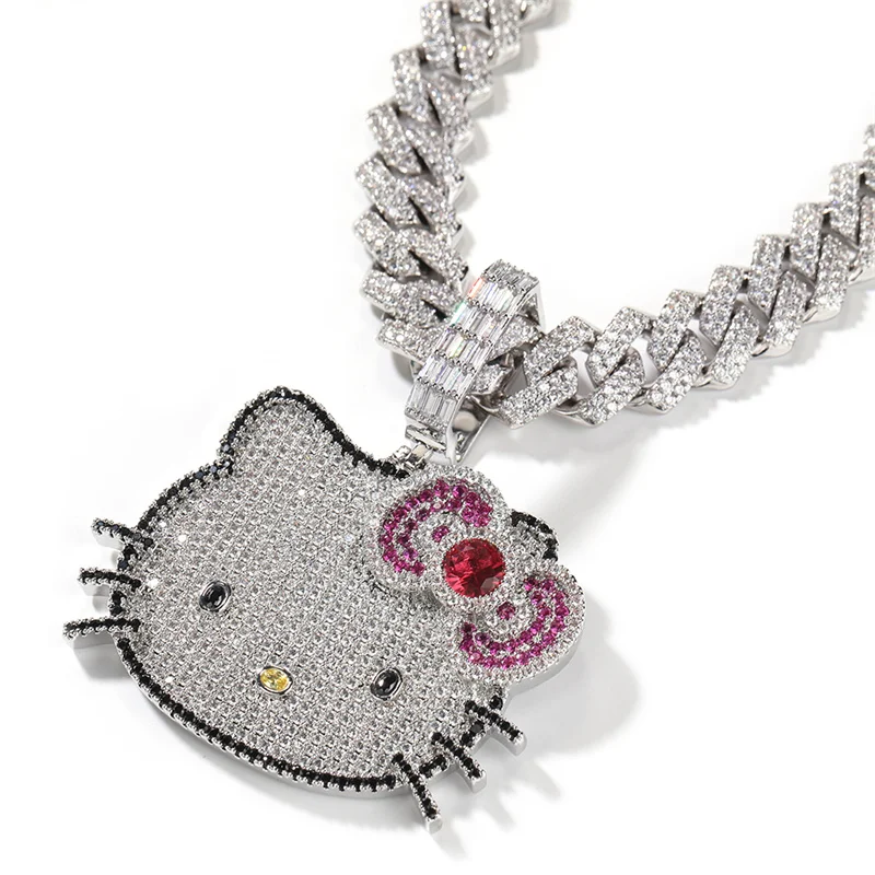 

Fashion Anime Necklace With Cartoon Cat Kitty Pendant With 13mm Width Hip Hop Miami Cuban Chain For Women Girl Jewelry