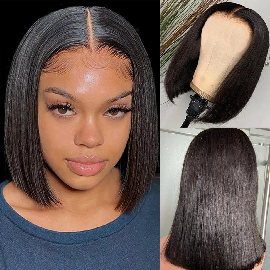 Straight 4x4 Lace Closure Wig Short Bob Wig Brazilian Natural Pre Plucked Transparent 5x1 T Part Lace Human Hair Wigs for Women