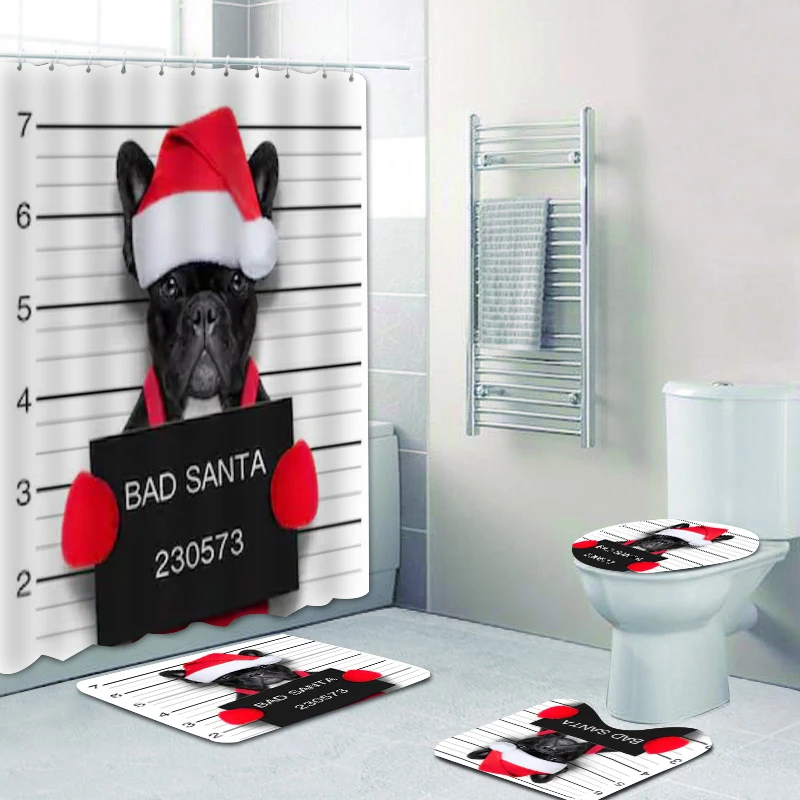 

Funny Bad Santa French Bulldog Shower Curtain Animal Dogs Christmas Bathroom Curtain for Bathtub Toilet Mats Pet Xmas Gift Decor