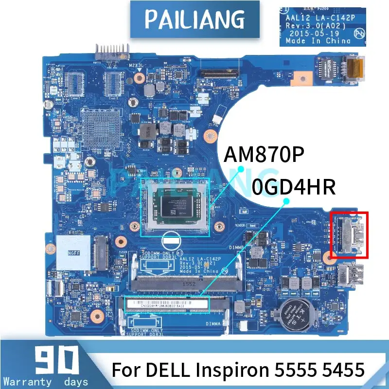 For DELL Inspiron 5555 5455 AM870P Laptop Motherboard 0GD4HR LA-C142P A10-8700P HDMI DDR3 Notebook Mainboard