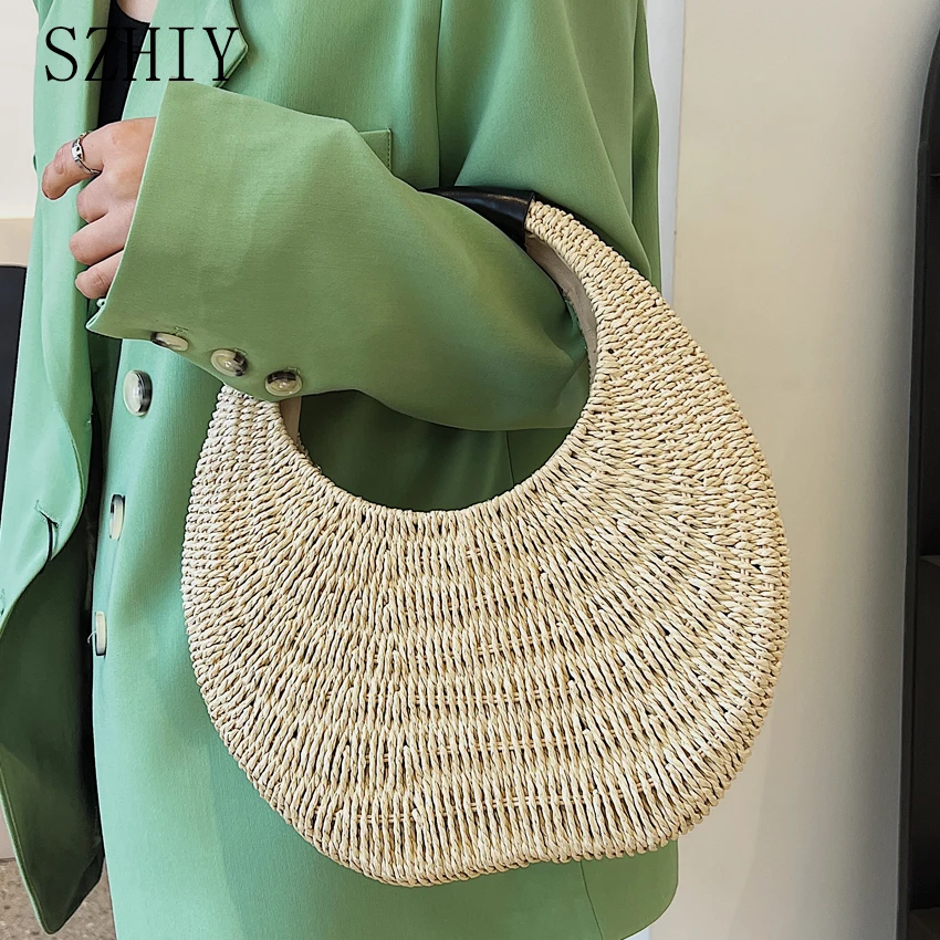 

Summer Straw Bag Ladies Round Handbag Fashion Designer Luxury Braided Vacation Beach Wrist Bag New Solid Small Bolsa De Praia