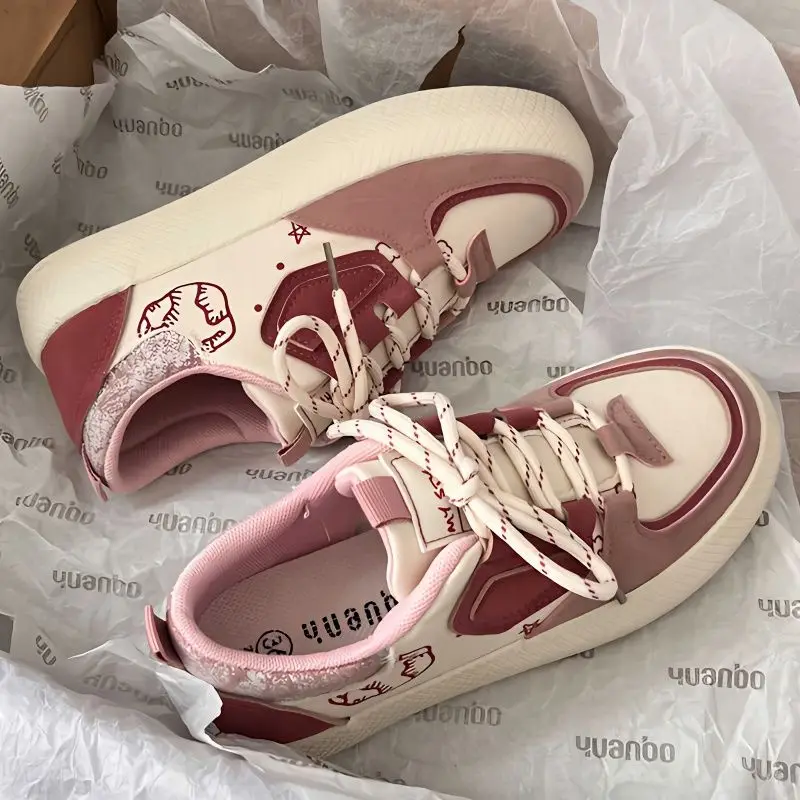 

Y2K Korean Women Casual Rose Pink Sports Sneakers Athletic Ladies Platform Canvas Loafers Tennis Shoe Chunky Sneaker Flat Shoes