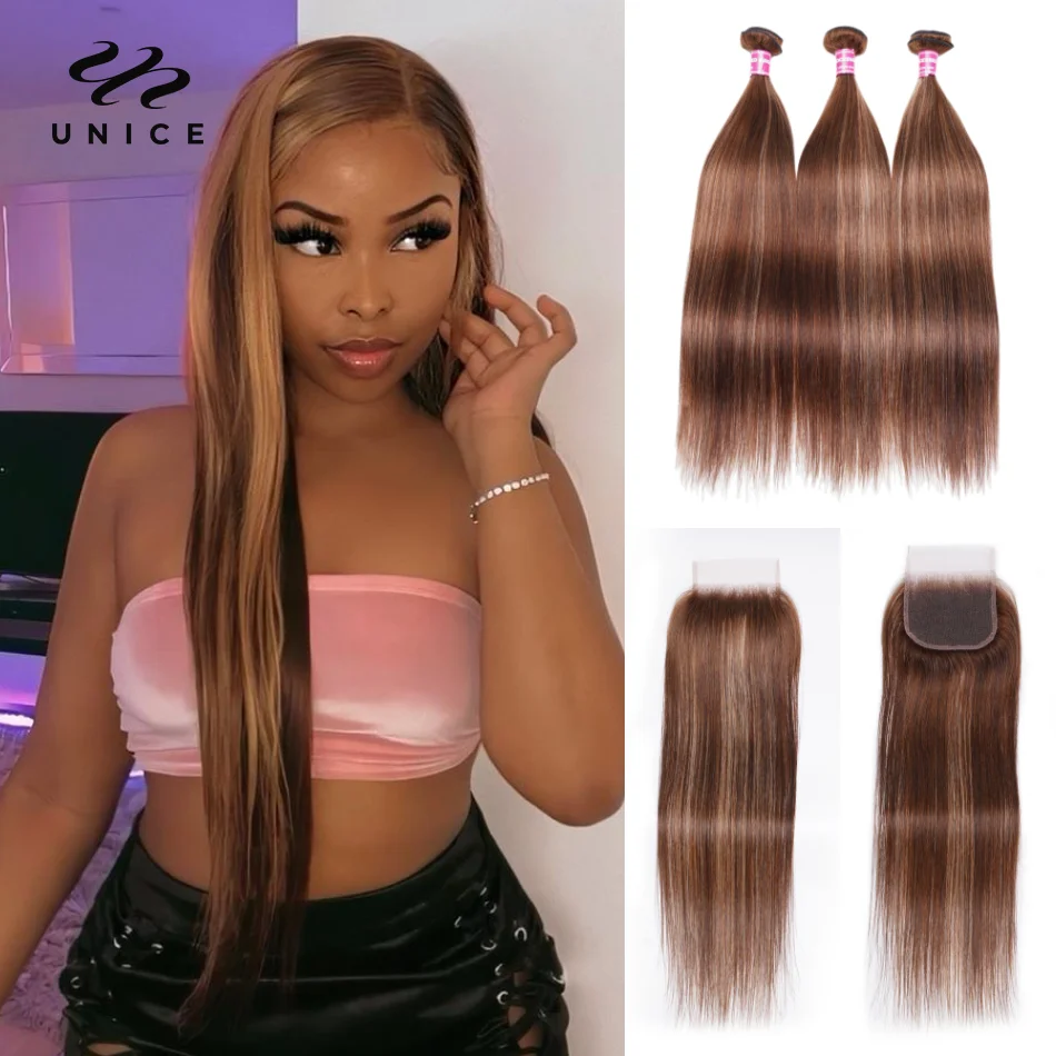 

Волосы UNice блонд Выделите прямые человеческие волосы пряди с закрытием бразильские волосы Remy 3 пряди с 4x4 закрытием осенний цвет